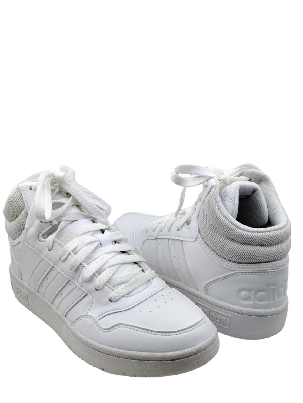 Adidas Hoops Classic White Synthetic Leather Mid Cut 3 Stripe Lace Up Sneaker